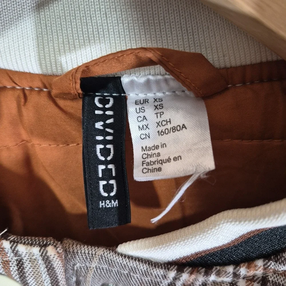 H&M DIVIDED Varsity Jacket Snap Up Brown Beige Plaid‎ Womens XS Preppy Casual